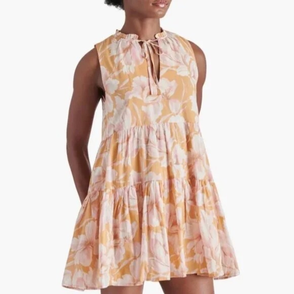 Steve Madden Pastel Floral Sleeveless Tiered Dress Size L Cotton V-Neck Lined